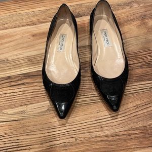 JIMMY CHOO Patent Leather Suede Pointed Toe Flats